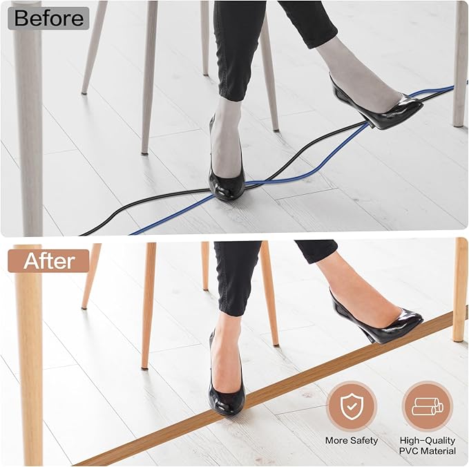 Floor Cord Cover Self Adhesive Cord Hider Floor Extension Cord Covers for Floor Power Cord Protector Cable Management Prevent Cable Trips Cable Cavity 0.32" W x 0.32" H (Light Brown Wood, 20Ft)