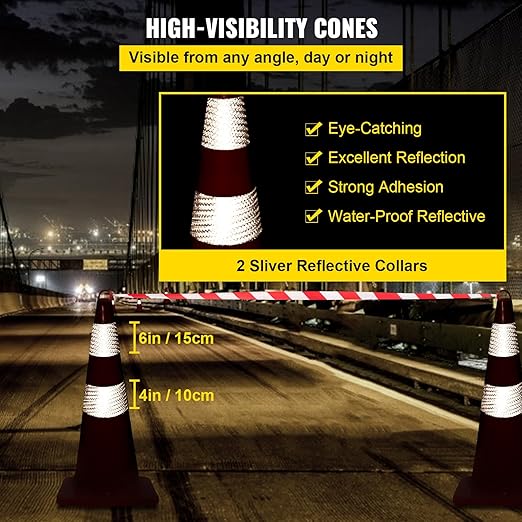 VEVOR Safety Cones, 10PCS 28" Traffic Cones, PVC Orange Construction Cones, 2 Reflective Collars Traffic Cones with Weighted Base and Hand-Held Ring Used for Traffic Control, Driveway Road Parking