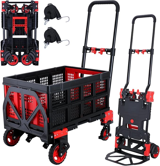 2-in-1Hand Truck Dolly Foldable with Folding Basket,330LBS Capacity Handtruck,Hand Truck Foldable Dolly with 4 Wheels,Dolly Cart with Retractable Handle,Folding Hand Cart for Moving