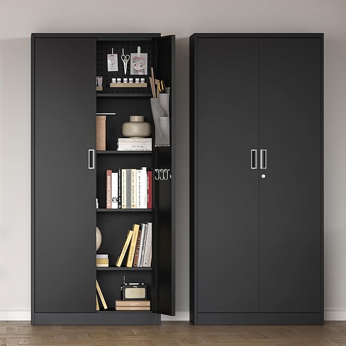 Big Metal Garage Storage Cabinet with Locking Doors, Lockable Heavy Duty Metal Tool Cabinet with Pegboard, Black