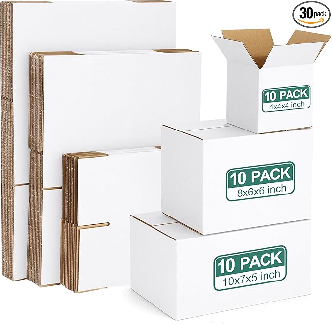 Eupako 30 Pack Small Shipping Boxes Assorted Sizes, White Corrugated Box Mailers, Cardboard Boxes for Packaging Small Business, Mailing, 4x4x4 & 8x6x6 & 10x7x5 10 PCS Each Small Boxes