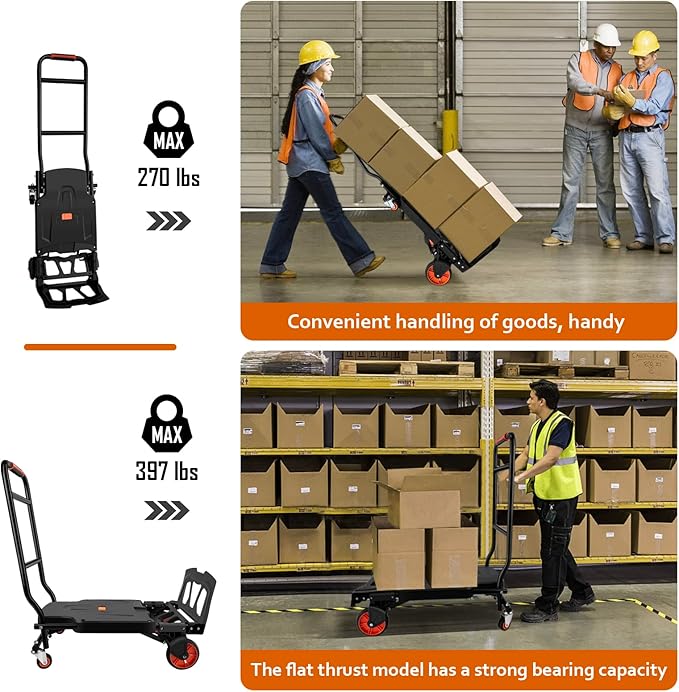 Folding Hand Truck, Dolly Cart Heavy Duty with 440lbs Capacity & 4 Wheels, Portable Hand Truck Dolly, 2in1 Transform Hand Cart, Collapsible Small Platform Cart for Home/Office/Travel Use, Easy Storage
