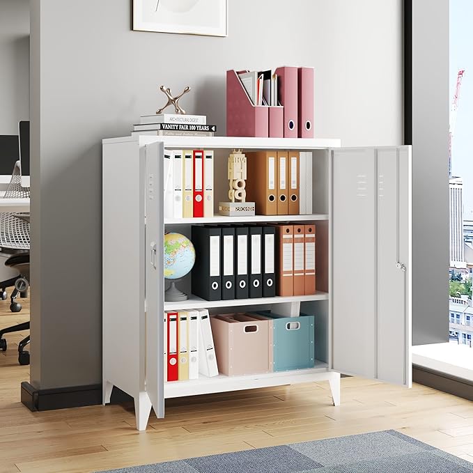 Metal Storage Cabinet with Lock, Locking Cabinets Office Storage Caninet with 2 Doors and Shelves, Lockable Steel Locker Floor Caninets Cupboard, Small Sideboard Buffet Cabnet for Home Office
