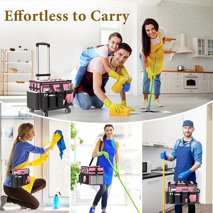 Cleaning Caddy with Wheels - Rolling Cleaning Caddy Bag with Detachable Trolley, Cleaning Caddy for Cleaning Supplies, Cleaning Bag for Housekeeping, Pink