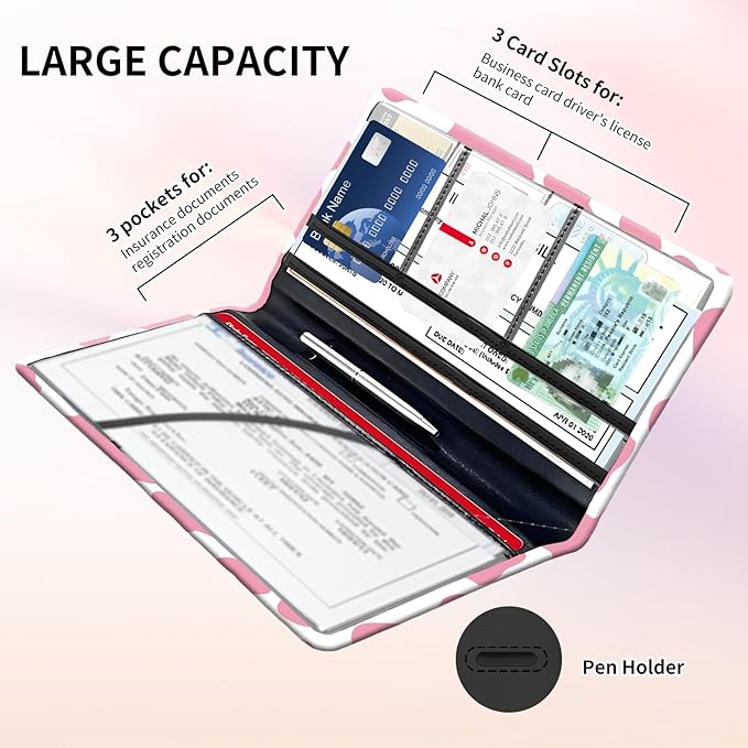 Premium Car Registration and Insurance Card Holder, Cute PU Leather Car Document Holder, Vehicle Glove Box Car Organizer with Magnetic Closure for Driver License, Cards Pink Cow Print