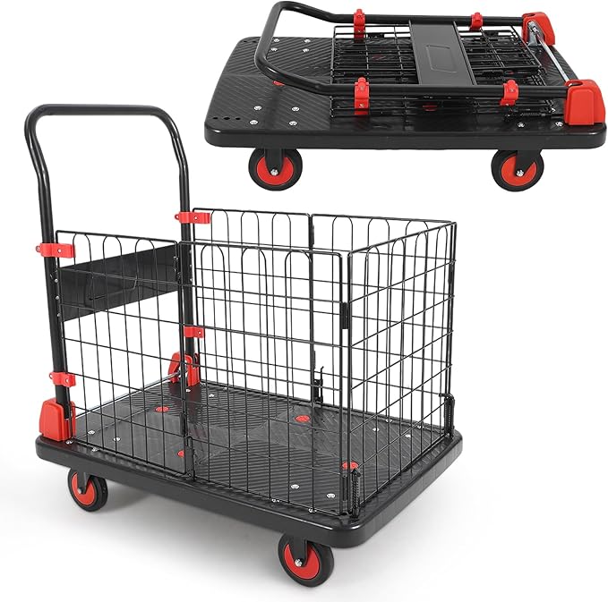 Platform Truck Cart with Cage, 35 * 23 * 20 in 1000LBS Capacity Folding Cart with Wheels,Heavy Duty Hand Moving Cart,Foldable Dolly with Basket for Warehouse Luggage Moving