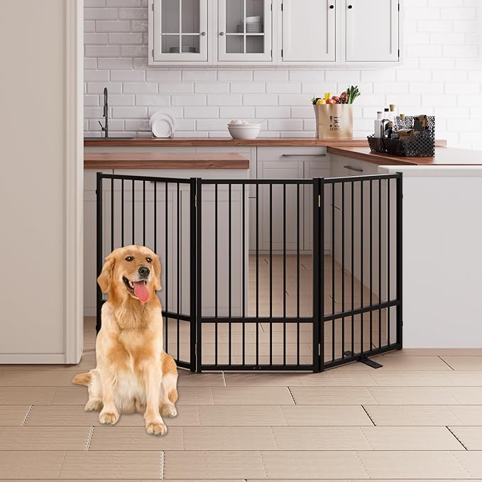 3 Panels Full Metal Freestanding Dog Gates, 60” W x 32” H Folding Pet Gate Fence with Support Feet for Indoor,Stairs, Hallways and Doorways(Black)