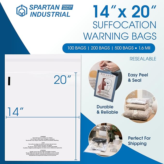 Spartan Industrial - 14” X 20” (200 Count) Self Seal Clear Poly Bags with Suffocation Warning for Mailing, Packaging, and Clothes - Resealable Glue
