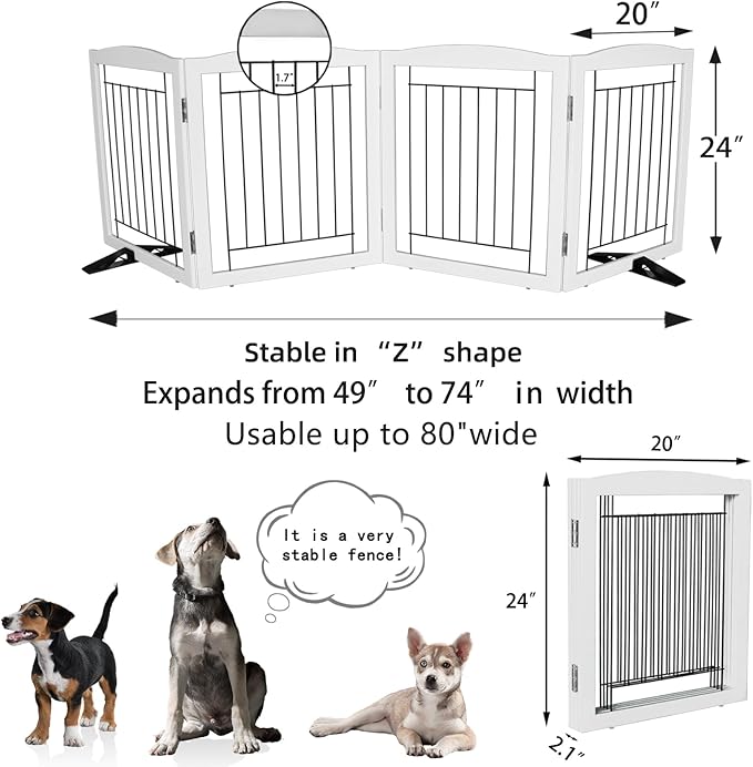 Dog Fence Indoor - 4-Panel Freestanding Dog Gate for Doorways, Hallways, House or Stairs -80x24-Inch Retractable Foldable Expandable Wood Pet by SFJC (White)