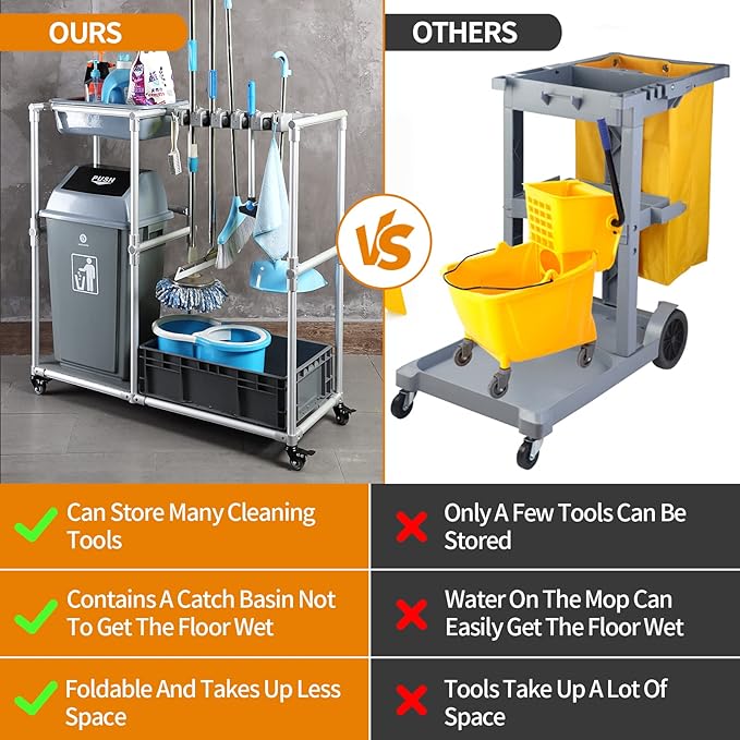 Janitorial cart Rolling Cleaning cart on Wheels for Cleaning Supplies Housekeeping Station Broom and mop Organizer