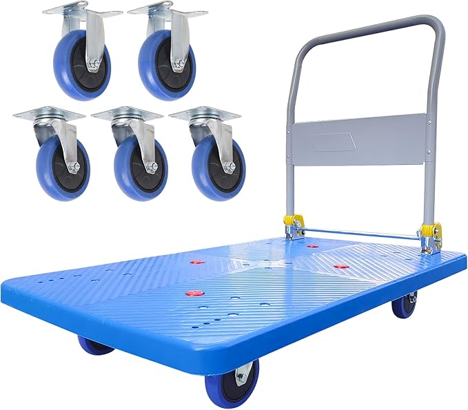 Flatbed Cart, Heavy Duty 1320lbs Capacity Platform Hand Truck 360 Degree Swivel Wheels Foldable Push Hand Cart for Loading and Storage, Blue