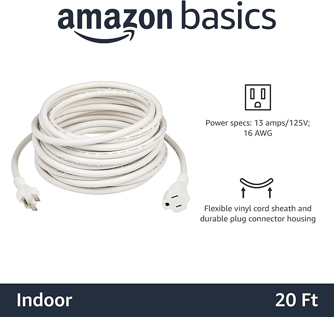 Amazon Basics Extension Cord, 20 Ft, 3 Prong Outlet Extender, Indoor Extension Cord, 13 Amps, 125V, White