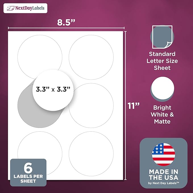 NextDayLabels 3.33 Inch Round Stickers for Printer - Matte White Blank Laser/Inkjet Printable Circles (50 Sheets, 6 Per Sheet, 300 Labels)