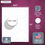 NextDayLabels - 3.33 Inch Round Stickers for Printer - Matte White Blank Laser/Inkjet Printable Circles (250 Sheets, 6 Per Sheet, 1500 Labels)