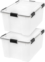 IRIS USA WeatherPro 63 Qt Storage Bins with Lids, 2 Pack, BPA-Free Plastic Gasket Box with Tight Latch and Seal, Stackable Nestable Tote Tub - Clear/Black