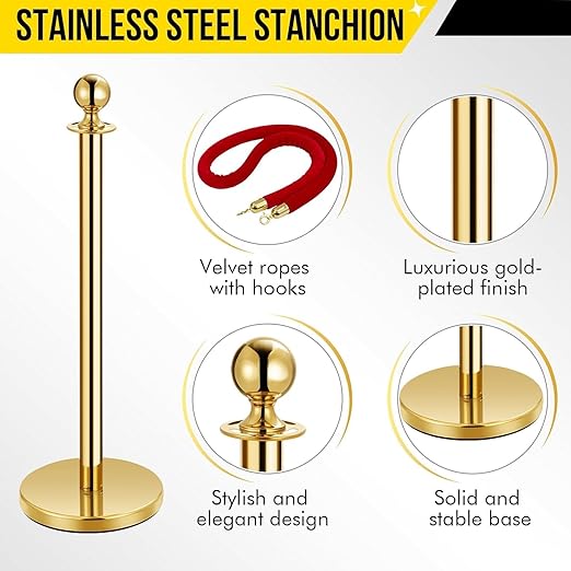 8PCS Gold Stanchion Post with 5 Ft Rope Stainless Steel Crowd Control Barriers Used for Theaters Parties Wedding Museums Exhibition