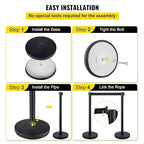 VEVOR Crowd Control Stanchion Set, Stanchion Set with 6.6 ft/2 m Black Retractable Belt, Black Crowd Control Barrier w/Concrete and Metal Base - Easy Connect Assembly (4)