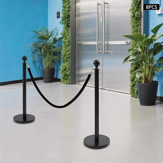 Crowd Control Barriers Black Gold Stanchions Posts, 4 Black Ropes and 8pcs Stainless Steel Poles with Hollow Base, Stanchions with Ropes Set for Airport,Parties,Grand Opening