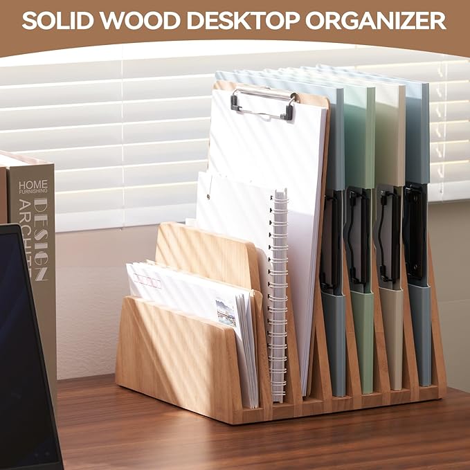 KIRIGEN Desktop File Document Holder Stand 7 Slots Mail Paper Organizer Desk Sorter Holder for File Document Organizer Stand for Home Office Natural (7KWJJ-NA)
