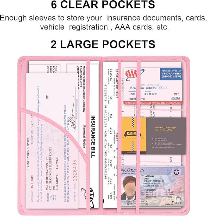 Cacturism Car Registration and Insurance Holder, Car Accessories Vehicle Glove Box Car Organizer Women Car Accessories with Magnetic Shut for Cards, Essential Document, Driver License, Pink