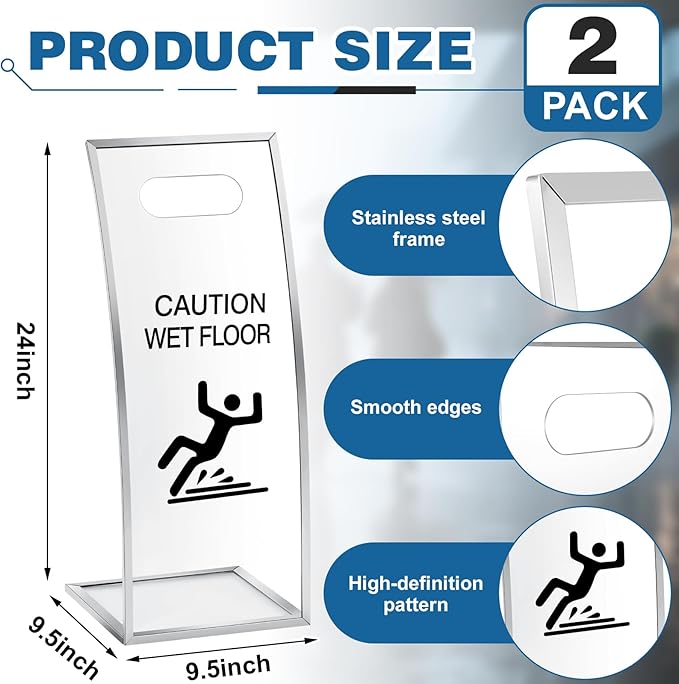 2 Packs 24 Inch Caution Wet Floor Sign Sturdy Acrylic Safety Warning Signs Safety Warning for Commercial Use Hotels High-end Exhibition Halls Market Schools Offices Restrooms Pool Decks Shops