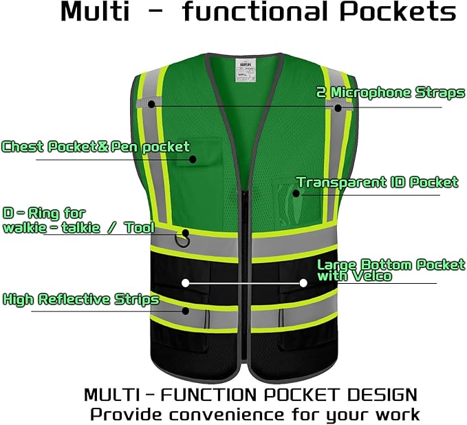 Custom Safety Vest with Logo Pockets High Visibility Reflective Vests Construction Security Workwear