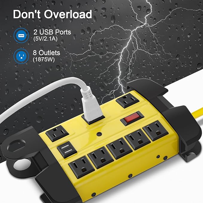 Heavy Duty Power Strip with USB, Workshop 8 Outlet Surge Protector 2700 Joules, Industrial Metal 15Amp Power Strip, 12 FT Extension Cord and Wide Spaced.