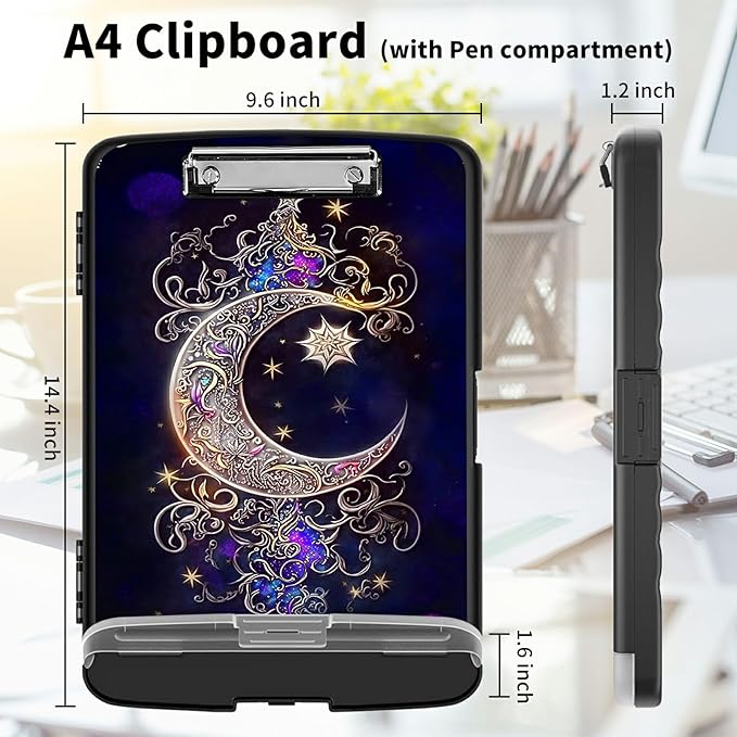 Clipboard with Storage High Capacity Plastic Nursing Clipboards with Pen Holder File Folder Storage Box Clipboard with Heavy Duty Clips for Teacher,Doctor,Offices-Moon Star Galaxy Floral