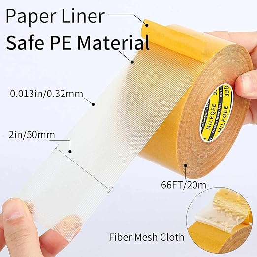 3Pack Double Sided Tape Heavy Duty, 2in x 66FT (198FT Total), Super Sticky Resistente Clear Tape, Universal High Tack Strong Wall Adhesive with Fiberglass Mesh,Easy Use Mounting Tape