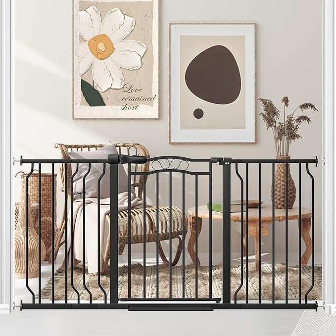 53.1-62.2" Extra Wide Baby Gate for Stairs No Drilling, 30" Tall Auto Close Press Mounted Baby Gate for Doorways, Adjustable Width Walk Through Dog Gates for Doorways, Black