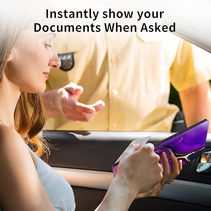 Car Registration and Insurance Holder, Leather Car Glove Box Organizer, Cool Car Accessories for ID, Driver's License Cards & Essential Document,business cards,Men&Womenpurple and gold Marble