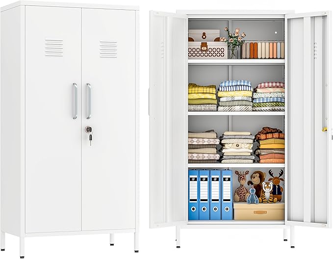 White Metal Locker Cabinet, 47" H Home Office Storage Lockers, Vertical Steel Storage Cabinet with Locking Door and 3 Adjustable Shelves, Garage Tool File Cabinets for Home Office,Garage,Bathroom.