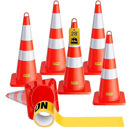 6 Pack 28 Inch Traffic Cones, from -22℉ to 131℉, MUTCD-Compliant Orange Safety Cone with Reflective Collar ＆ Extra Caution Tape for Parking Lot, Construction Work, Road Safety