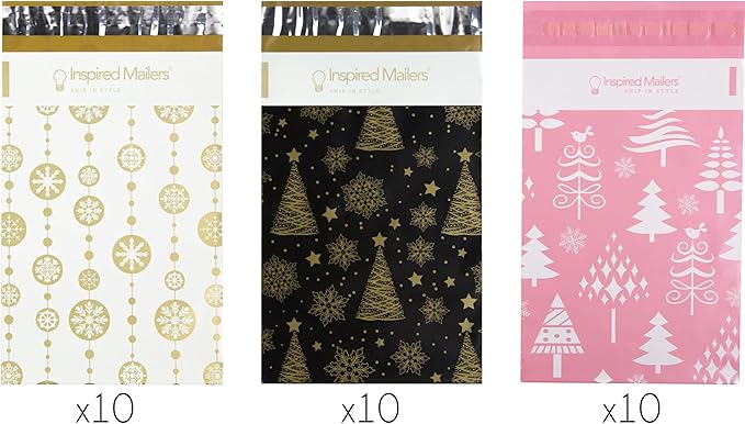Inspired Mailers - Christmas Poly Mailers 6x9 Holiday Variety Pack of 30-10 each: Trees & Snowflakes, Rose Gold Trees, Gold Snowflake Baubles (6x9, 30 Pack)