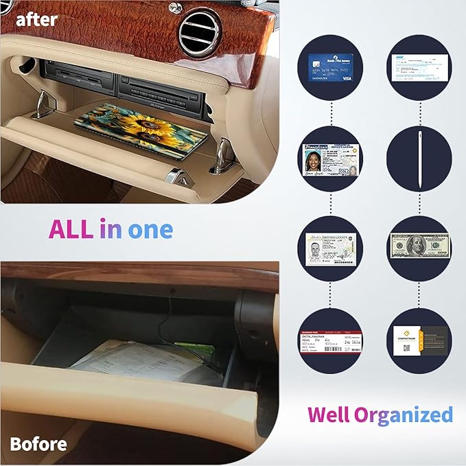 Car Registration and Insurance Card Holder - Sunflowers　strips Leather Document Organizer & Bifold wallet for License, Insurance Cards | Fits Vehicle Glove Box & Visor