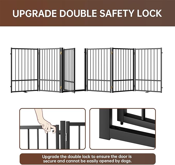 6 Panels Full Metal Freestanding Dog Gates with Door, 120” W x 32” H Folding Pet Gate Fence with Support Feet for Indoor,Stairs, Hallways and Doorways(Black)