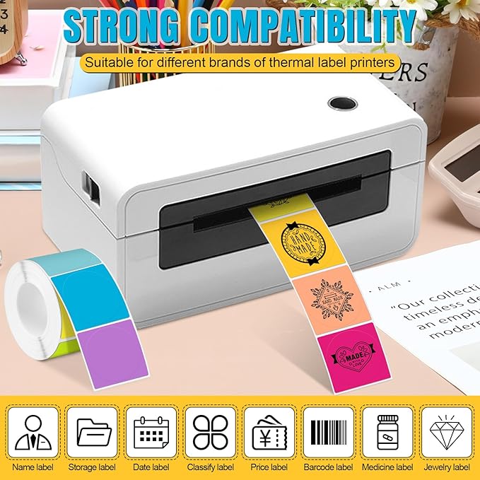 Ctosree 500 Pcs/ 1 Roll Thermal Sticker Labels Self Adhesive Direct Thermal Labels Multipurpose Printer Stickers for DIY, Name Tag(Round,1.5 Inches,Vibrant Color)