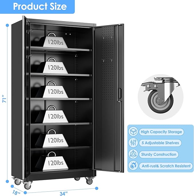 SUXXAN Metal Garage Storage Cabinet with Wheels and Pegboard 71'' x 34'' x 18'', Lockable Rolling Steel Cabinet with 5 Adjustable Shelves and Door for Garage, Office, Kitchen, Assembly Required(Black)