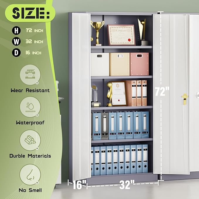 Crownland 72" Metal Storage Cabinet, Lockable Garage Cabinets, High Office Storage Cabinet with Adjustable Shelves for Garage, Home Office, Classroom, Pantry, File(Grey White-Narrow Size)