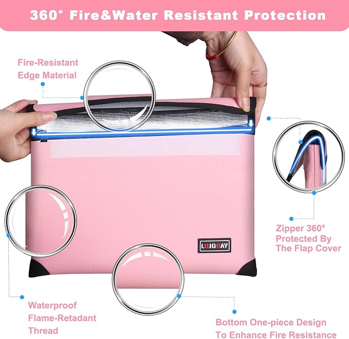 Fireproof Bag with 5200℉ Thermal Insulated, Waterproof Fireproof document bag with Zipper, Fireproof Money Bag for Cash, Fireproof Safe Bags for Home Safe Bank Valuable Documents (Pink, 11"x7.7")