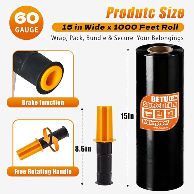 Black Stretch Film Shrink Wrap for Moving Supplies (15inch, 1 Pack) x 1000ft, Industrial Strength Plastic Wrap Stretch Roll for Pallet Wrapping Shipping Moving Boxes Storage Furniture with Handles