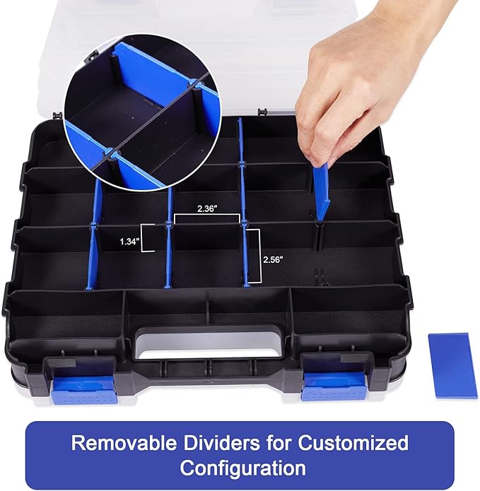 Hardware Organizer Box 34 Compartments Small Parts Organizer with Removable Dividers Durable Plastic Double Side Tools Box Screw Organizers For Nuts, Bolts, Screws, Nails 2Pack