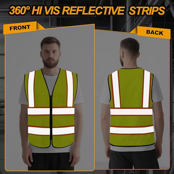 Hi Vis Vest for Men Women 5 Pockets High Visibility Vest with Reflective Strips,Safety Vest with Mesh Fabric, Breathable, (GR720-Yellow,3XL).
