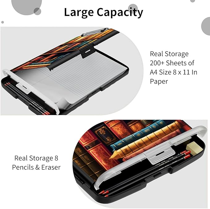 File Clipboard Storage with Pen Holder High Capacity Plastic Nursing Clipboards File Folder Storage Box Clipboard with Heavy Duty Clips for Teacher,Doctor,Offices-Vintage Bookshelf
