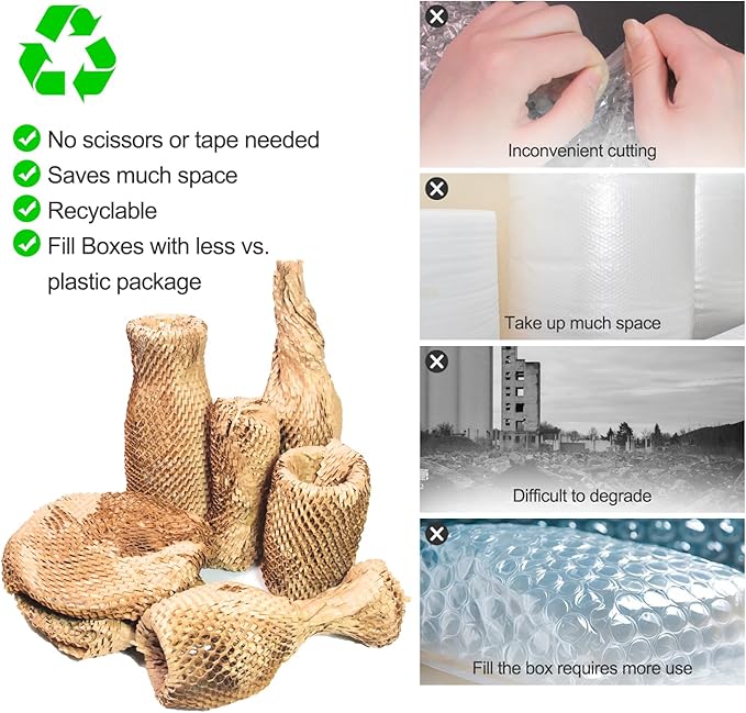 Packing Dishes Recyclable Packing Material for Moving Glassware Eco Friendly Moving Paper Sheets Bubble Cushion Wrap for Packing 80GSM Honeycomb Paper Roll with Fragile Stickers 15"x100'