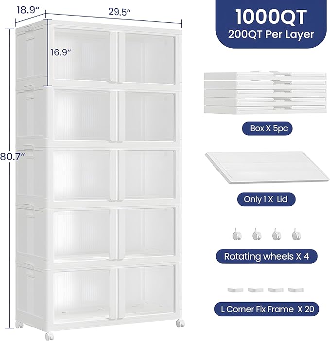 1000Qt Large Stackable Storage Bins with Lid, 250Gal Plastic Closet Organizer and Storage Box with Wheels, Collapsible Storage Cabinet with Clear Door for Home Kitchen Office Dorm, 5Pack White