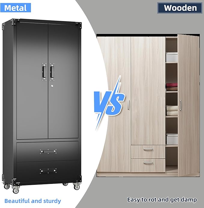 SUXXAN Rolling Storage Cabinet with 2 Doors and 2 Drawers, Heavy Duty Metal Storage Cabinet with Shelves, Locking Steel Cabinet for Warehouse, Home, Office (Black)