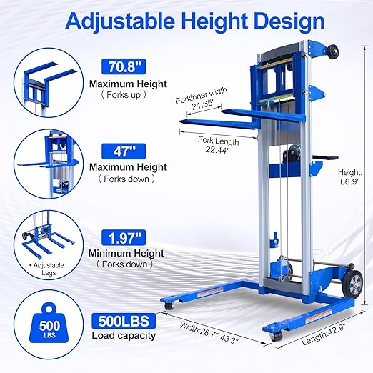 70" 500lbs Material Lift Winch Stacker, Hand Winch Lift Truck with Adjustable Straddle Leg, Manual Material Lifter Pallet Stacker for Contractor, Workshop, Industrial, 42.90" L x 43.30" W
