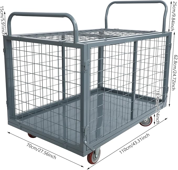 Platform Truck Cart with Cage 2200 lbs, 5-in-1 Folding Hand Truck with Wheels, Convertible Warehouse Cart for Utility, Moving - Heavy Duty Flatbed Carts for Grocery, Laundry, Shelving, Pantry, Grey