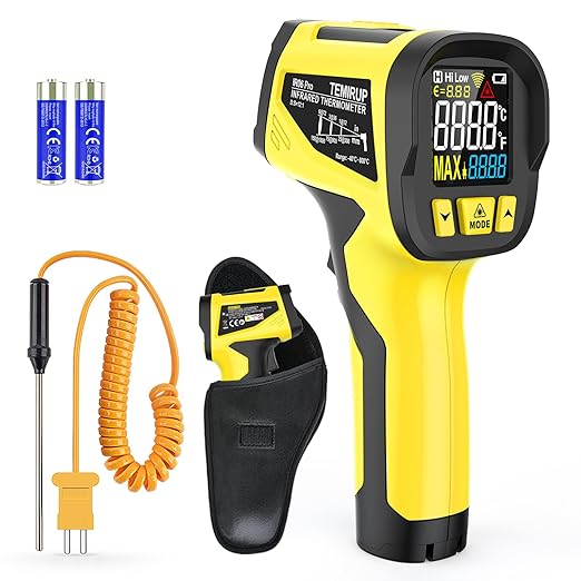Infrared Thermometer Gun, Digital Laser Thermometrer Temperature Gun with Color LCD for Cooking, Pizza Oven, HVAC, IR Temp Gun with K-Probe, Adjustable Emissivity,-40°F to 1472°F(-40~800°C)